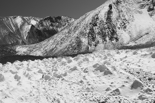 Figure 3 North-facing glacier in the Kang Yatze Massif with penitentes and seasonal snow cover in the background (photo: M. Nüsser, 7 September 2009, 5310 m a.s.l.).