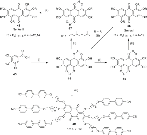 Scheme 9. Synthesis of novel liquid crystalline rufigallol derivatives: (i) H2SO4, MW, 90 s, 80%; (ii) RBr or R'Br, DMSO, NaOH, 90°C 20 h; (iii) RBr or R'Br, Cs2CO3, NMP, MW, 3–10 min.