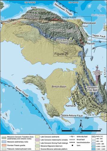 Figure 2. (a) Regional geological map of the Bird’s Head Peninsula simplified from Dow et al. (Citation1986), Watkinson and Hall (Citation2017), and Webb et al. (Citation2019). Bathymetry from GEBCO (www.gebco.net). Onland background of hillshade derived from the Digital Elevation Model (http://tides.big.go.id/DEMNAS/). (b) Simplified geological map of northeastern Bird’s Head Peninsula, Western New Guinea. Reinterpreted and updated from the 1:250 000 scale geological maps of Atmawinata et al. (Citation1989) and Ratman et al. (Citation1989). Triassic ages of intrusions from Webb et al. (Citation2019, Citation2020a, Citationb). Location shown on (a).