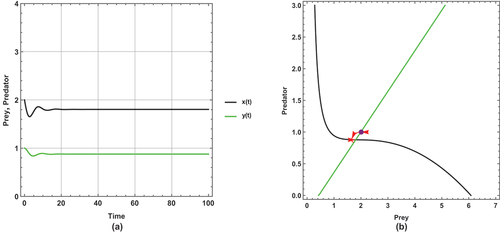 Figure 5. (a) Time series (b) nullclines and phase portrait trajectories of the first set of system (2) when (m=0.5). Other parametric and initial values are: r=1, k=6, α=3.25, h=0.40, u=0.5, e=0.4, x(0)=2, y(0)=1.