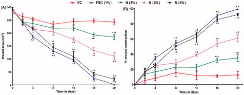 Figure 2. Effect of naringin ointment treatment (1, 2, and 4%) on wound area (mm2) (A) and rate of wound contraction (%) (B) in rats. Data are expressed as mean ± SEM and analyzed by two-way analysis of variance followed by Bonferroni's test. *p < 0.05 as compared with the vehicle control group and $p < 0.05 as compared with one another. VC, vehicle control; FSC (1%), framycine sulfate ointment (1% w/w)-treated group; N (1%), naringin ointment (1%, w/w)-treated group; N (2%), naringin ointment (2%, w/w)-treated group; N (4%), naringin ointment (4%, w/w)-treated group.