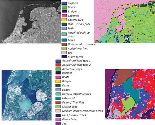 Figure 29. A multi-temporal data set for Amsterdam and its surrounding areas. (Top -from left to right): A quick-look view of a first Sentinel-1 image from March 22nd, 2016, and its classification map. (Bottom -from left to right): An RGB quick-look view of a second Sentinel-2 image from April 21st, 2016, and its classification map