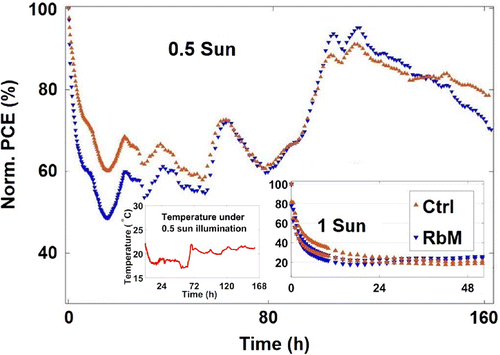 Figure 9. Normalised PCE of both Ctrl and RbM cells over time during continuous illumination from white LED, at 0.5 and 1 equivalent sun; temperature profile under 0.5 sun during the test. At 0.5 sun, the drop in PCE is not as severe as under 1 sun and a nearly complete recovery is observed after few days. The PCE profile under 0.5 sun follows the temperature profile.