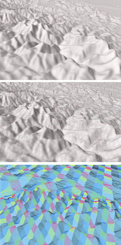 Figure 20. A portion of the Earth's surface having elevation data. Top: the hexagonal cells with associated elevation data. Middle: the parents of the hexagonal cells in the top figure at three successive resolutions. Bottom: the triangulation of the diamonds corresponding to the cells illustrated in the top figure. Image is taken from PYXIS Innovation (Citation2014).