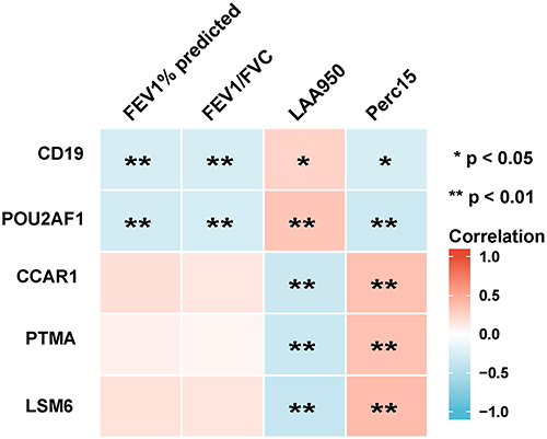 Figure 3 Analysis of the correlation between genes with lung function and CT indexes of emphysema. Blue represents a negative correlation; red represents a positive correlation. **P<0.01, *P<0.05.