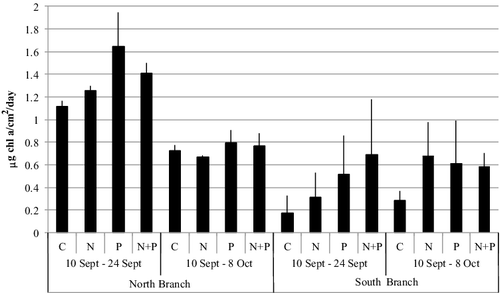 Figure 3. Mean periphyton production rate, measured as chlorophyll a changes, from two locations in Valley Creek, MN over two time periods. The potential for nutrient limitation influencing production was examined by comparing a control (C) with treatments of enrichment with nitrogen (N), phosphorus (P), or both (N + P). Vertical lines show one standard deviation from the mean.