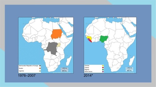 Figure 2 Past (1976–2007) and present (2014) maps of Africa demonstrating the Ebola virus outbreak distribution.