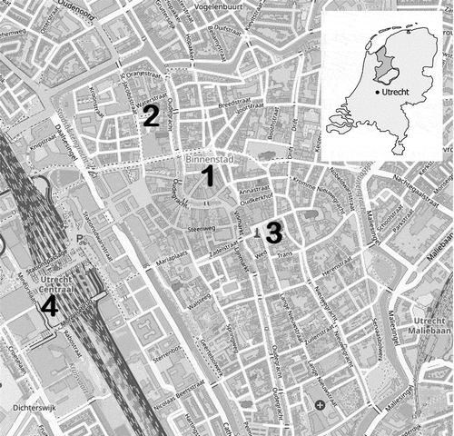 Figure 1. Research locations in Utrecht (The Netherlands). 1: De Neude. 2: Jacobskerkhof. 3: Domplein. 4: Stadsplateau (Made with: © QGIS. A Free and Open Source Geographic Information System. Qgis.org. Data: © OpenStreetMap contributors. Openstreetmap.org. Data: Natural Earth. Free vector and raster map data. Naturalearthdata.com)