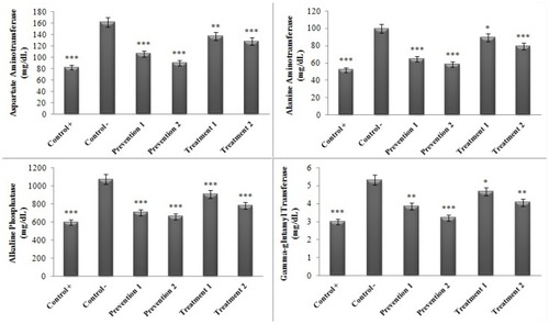 Figure 4 Comparison of the serum concentrations of the hepatic enzymes in various groups in contrast to the negative control group. (*P<0.05, **P<0.01, ***P<0.001).