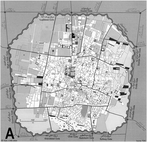 Figure 1 The spatial expansion of Tehran during the Naser al-Din Shah era included a number of new streets, particularly to the north and west of the old city. (Mohsen Habibi, Bernad Hourcade, Atlas de Téhéran Métropole, Tehran and Paris: Tehran Geographic Information Center and CNRS, 2005. Public domain).