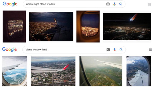 Figure 19. Several Google searching results using the keywords of ‘urban night plane window’ and ‘plane window land.’