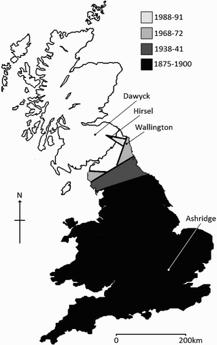 Figure 1. Locations of study sites in Great Britain in relation to Nuthatch colonization history since 1875. Shaded areas represent approximate maximal range during different periods, substantially simplified for illustrative purposes. Range information for the years labelled is taken from Holloway Citation(1996), Sharrock Citation(1976) and Gibbons et al. Citation(1993).
