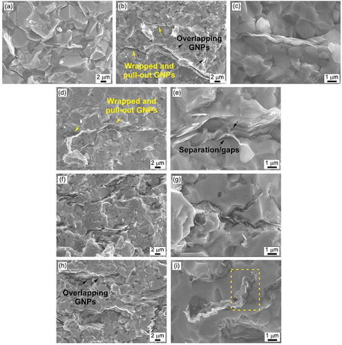 Figure 3. SEM images of the fracture surfaces of the NbB2-SiC-GNP composites: (a) sample 29S1G, (b) and (c) sample 27S3G, (d) and (e) sample 25S5G, (f) and (g) sample 23S7G, and (h) and (i) sample 20S10G.