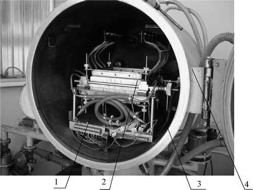 Figure 2. Test stand: 1, vacuum chamber; 2, experimental module; 3, cooling system; and 4, electrical support.