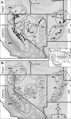 Figure 1. The hydrographic Great Basin. (A) Great Basin perimeter and subwatershed boundaries with six subregions (bold lines) used to assess extant American pika sites (black dots). More than one observation record is included in most dots at this scale. (B) Mountain ranges mentioned in the text where extant pika sites occur (not all ranges are shown). Codes for mountain ranges: Northwest subregion: GL, Glass Mountains; HM, Hart Mountains; HC, Hayes Canyon Range; HR, High Rock; MU, Madeline Uplands; MM, Mosquito Mountains; PP, Painted Point Range; SP, Sheldon Plateau; SM, Steens Mountains; WM, Warner Mountains. Southwest subregion: BM, Bodie Mountains; CR, Carson Range; GM, Glass Mountains; IC, Inyo Craters; MC, Mono Craters; NR, New Range; PN, Pine Nut Mountains; SN, Sierra Nevada; SW, Sweetwater Mountains; WA, Wassuk Mountains; WH, White Mountains; ZM, Zunnamed Mountains. North Central subregion: EH, East Humboldt Range; RM, Ruby Mountains. South Central subregion: DR, Desatoya Range; MR, Monitor Range; SM, Shoshone Mountains; TR, Toiyabe Range; TQ, Toquima Range. Northeast subregion: BR, Bear River Mountains; UM, Uinta Mountains; WR, Wasatch Range. Southeast subregion: FL, Fish Lake Plateau; MP, Markagunt Plateau; SP, Sevier Plateau; TM, Tushar Mountains; WP, Wasatch Plateau