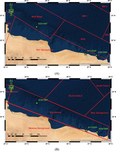 Figure 12. Panel (A) shows the significant seismic activity in the African Continental margin and the seismic sources delineated by Abou El-Enean (Citation2010). Panel (B) shows the significant seismic activity in the African Continental margin and the seismic sources delineated by Mohamed et al. (Citation2012). Green stars represent the significant earthquakes, and red polygons are the seismic sources. AKH is Gebel Al-Akhder seismic source, Med-Ridge is the Mediterranean Sea Ridge seismic source, MR-1 is the Mediterranean Sea-1 seismic source, RAS is Ras Elhikma seismic source, MR-2 is the Mediterranean Sea-2 seismic source, NAL is north Alexandria seismic source, EGY is Egypt Background seismic source. Western Background is the Western Desert Background Seismic source.