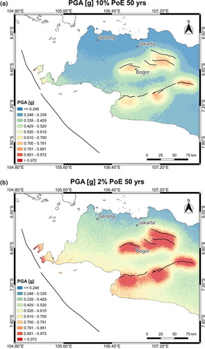 Figure 4. The seismic hazard map for mean PGA at bedrock corresponds to (a) 475-year return periods and (b) 2475-year return periods (equivalent to a 10% and 2% probability of exceedance (PoE) in 50 years). The same colour scale is used for both PoE. The black lines depict active crustal faults. The plotted cities are the areas evaluated in terms of hazard curves and disaggregation.