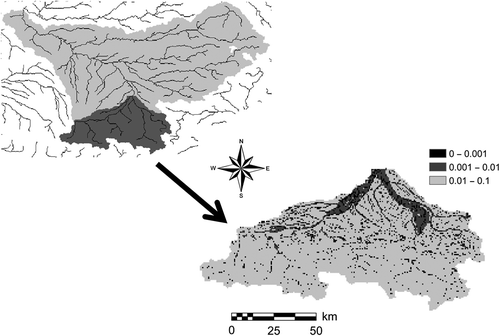 Fig. 4 Left: watershed boundary of the Garonne River basin (black line: river channel grids, light grey: the whole area of the Garonne River basin, dark grey: catchment upstream of Portet-sur-Garonne). Right: spatial distribution of slope gradient of catchment upstream of Portet-sur-Garonne.