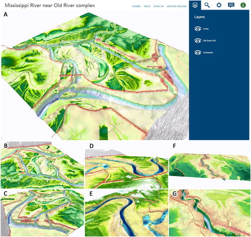 Figure 7. 3D model snapshots from CityEngine Web Scenes: (A), (B), (C) Old River AOI; (D), (E) Morganza Floodway AOI; and (F), (G) Atchafalaya River AOI.