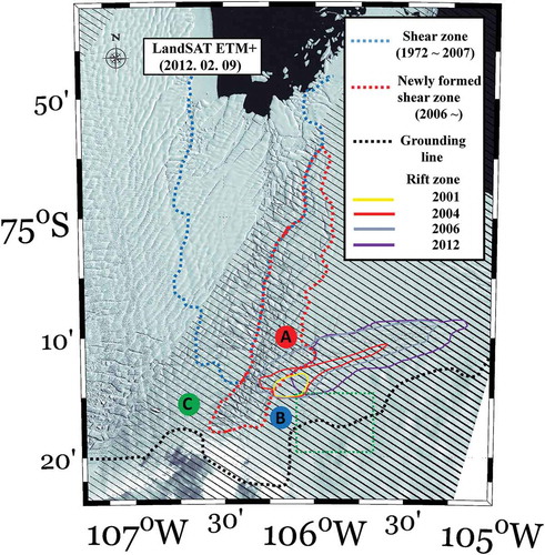 Figure 3. Spatial distribution of the shear and rift zones between Thwaites and its eastern ice shelf.