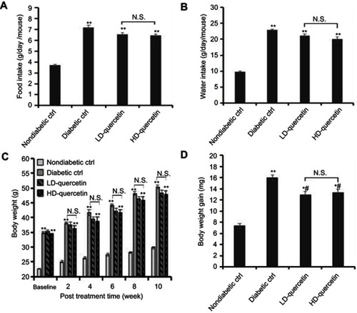 Figure 1 Effect of quercetin on food and water consumption and body weight of mice after administration for 10 weeks. (A) Daily food intake of mice; (B) daily water intake of mice; (C) body weight of mice measured at bi-weekly intervals; (D) body weight gains of mice. *P<0.05 or **P<0.01, compared with non-diabetic control group; #P<0.05, compared with diabetic control groups.