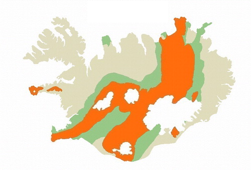 Figure 1. Map of Iceland showing the age of the bedrock, dark area: age of bedrock less than 0.8 million years, grey area: age of bedrock 0.8–3.3 million years, light grey area: age of bedrock 3.3–15 million years, and white area: glaciers. Modified with permission from Iceland GeoSurvey – ÍSOR.