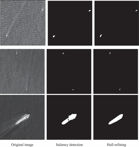 Figure 6. The saliency detection and hull refining results of ship hulls.