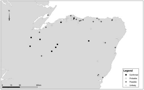Fig 2 Distribution of monumental cemeteries in Aberdeenshire, Moray and Inverness-shire. The sites were classified by certainty based on the following criteria: Confirmed — excavated/upstanding/clear barrow and gravecut in cropmark(s); Probable –– reasonably convincing aerial photography cropmarks that show most of the ditch cut and grave cuts; Possible –– obscure cropmarks revealing only partial ditch cuts and/or geology and plough damage creating significant uncertainty regarding form; Unlikely –– sites that are unlikely to be barrows or cairns. Illustration by Juliette Mitchell. Base map © Crown Copyright/database right 2016. An Ordnance Survey/EDINA supplied service.