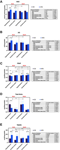 Figure 1 Effects of α-lipoic acid (ALA) on brain pro-oxidant enzymes [NADPH oxidase (NOX), (A) xanthine oxidase (XO), (B)], antioxidant status [ferric-reducing antioxidant power (FRAP), (C)], and oxidative stress [total thiols, (D) thiobarbituric acid reactive substances (TBARS), (E)] in the hypothalamus and cerebral cortex of rats fed a control (CD) and high-fat diet (HFD). Values are presented as mean ± SD. Three-way ANOVA followed by post hoc Tukey HSD test was performed. *p < 0.05, **p < 0.005, ***p < 0.0005, ****p < 0.0001.