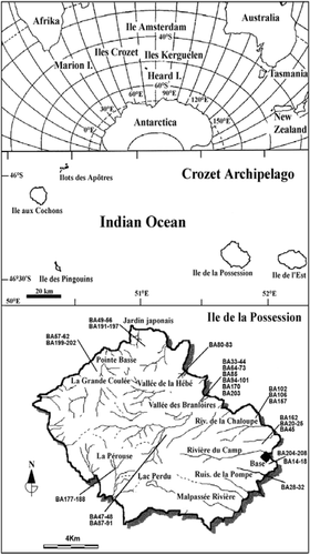 FIGURE 1. Sketch map of Antarctica, the Crozet Archipelago, and Île de la Possession showing the locations of the different sampling sites (only first and last sample numbers are shown)