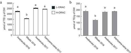 Figure 1. Antioxidant activity of the flower bud extracts of different P. japonicus varieties produced in Tokushima.The extracts from Awaharuka 2016, Misato 2016, Awaharuka 2017, and Kamiyama-zairai 2017 were assayed. Total ORAC values from L-ORAC (closed square) and H-ORAC (open square) (a) and DPPH radical scavenging activity (b). Values were expressed as mean ± SD of three determinations, and different letters indicate significant differences among extracts, p< 0.05 (Tukey–Kramer multiple-range test).