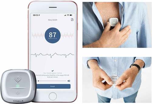 Figure 1. The device is connected by Bluetooth to a smartphone. 30-second chest and 30-second thumb registrations are collected. Permission to use approved by Coala Life AB.