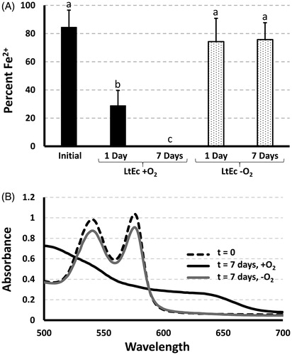 Figure 3. Effects of deoxygenation on LtEc oxidation. (A) Percent reduced LtEc (Fe2+) stored with and without oxygen at 37 °C for 1 or 7 d. Different letters indicate statistically significant differences among percent Fe2+ values. (B) Normalized representative spectra after 7 d with and without deoxygenation.