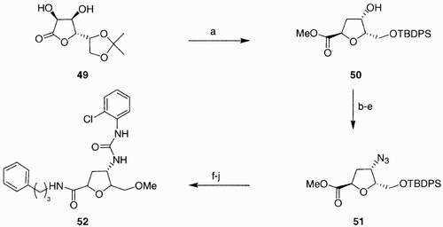 Scheme 9: Reagents and conditions: a) 5 steps, 32%; b) Tf2O, Py, DCM; c) CsO2CCF3, butanone; d) MsCl, DMAP, pyridine, 100%; e) NaN3, DMF, 70%; HCl, MeOH, 78%; f) HCl, MeOH, rt, 73%; g) MeI/CH3CN (1:1), Ag2O, 80°C, 99%; h) H2, Pd/C 10%, EtOAc, i) i. ClC6H4NCO, CH2Cl2, rt, 16 h; ii. AMP's, rt, 16 h; j) PhC3H6NH2, MeOH, 60°C, 24 h, 83%.