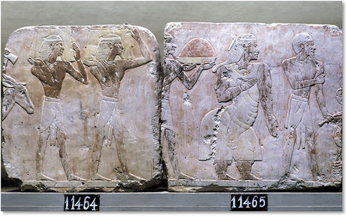 Figure 10. Relief from the Hatshepsut’s Mortuary Temple ca. 1470 bce depicting Queen Eti with King Perehu on the right. This is the only historical representation of the people and rulers of Punt. (Alamy stock photo #FFWGJX).