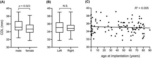 Figure 2. Comparison of CDL by sex (Male: n = 40, female: n = 65), laterality (right: n = 55, left: n = 50) and implantation age. Unpaired t-test (A,B) and linear regression (C) analysis were perfomed. CDL: cochlear duct length.