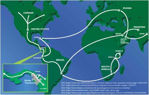 Figure 3. This map represents the major international migration routes of entry into North America. Recent open-source and media web links are referenced