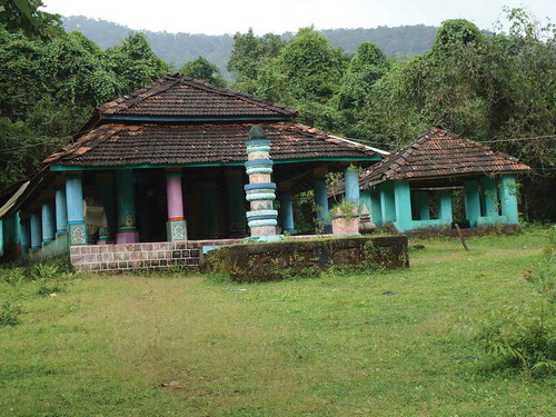 Figure 3. Sacred grove forest (in the background) with a temple, where village meetings take place regularly.