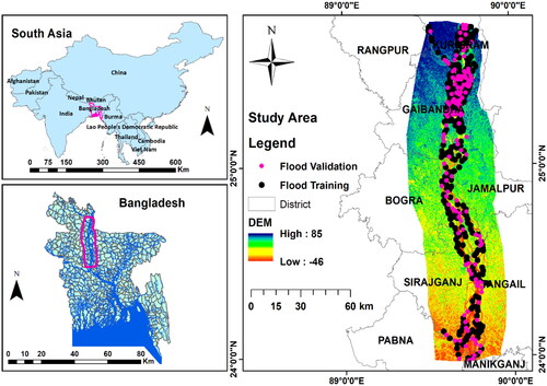 Figure 1. Selected catchment with flood locations.