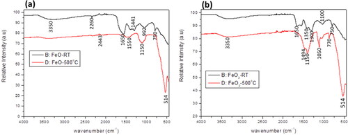 Figure 3. FTIR spectrum analysis of (a) iron oxide (FeO) and (b) iron dioxide (FeO2) NPs reduced using E. tirucalli. Black line (B:FeO-RT) represents NPs at room temperature and red (D:FeO2-500 °C)represent the annealed NPs at 500 °C.