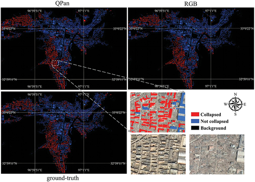 Figure 11. Collapsed building recognition results on the Yushu case. Results on QPan image (upper left), results on RGB image (upper right), the ground-truth (lower left).