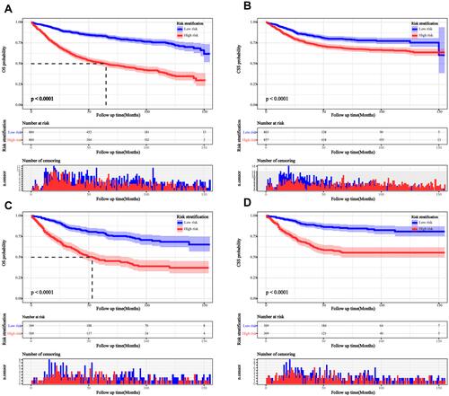 Figure 7 Kaplan–Meier curves survival curves for the high- and low-risk groups. (A) Kaplan–Meier curve for OS in the training cohort; (B) Kaplan–Meier curve for CSS in the training cohort; (C) Kaplan–Meier curve for OS in the validation cohort; (D) Kaplan–Meier curve for CSS in the validation cohort.