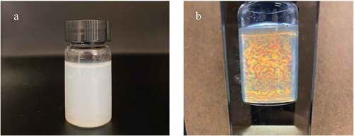 Figure 11. The WHF-CNC aqueous suspension: (a) under normal light, (b) under cross-polarized light setup.