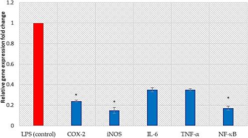 Figure 7 Bar chart showing the effect of BRFE on the gene expression of COX-2, iNOS, IL-6, TNF-α, and NF-κB in LPS-stimulated PBMCs. The symbol * represents a significant change.