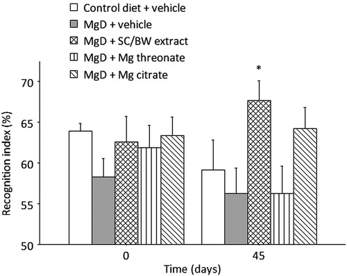 Figure 7. Recognition index (RI) in the novel object recognition (NOR) test before (day 0) and after (day 45) treatment with different magnesium compounds. *Significantly different from control diet group, p < 0.05. n = 15 per group. Data presented as mean ± SEM.
