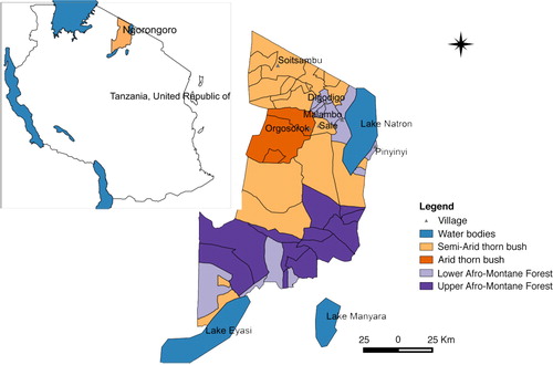 Fig. 1 Map of Ngorongoro district indicating sites where mosquito collections were done and habitat characteristics such as vegetation features.