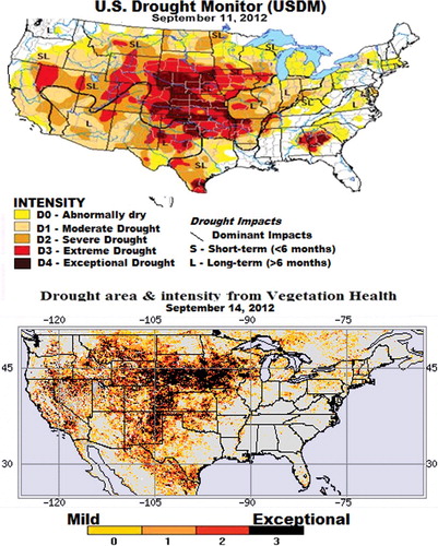 Figure 1. Drought area and intensity from USDM and VH, mid-September 2012.