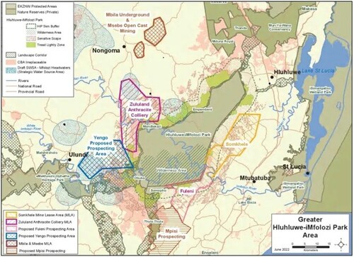 Figure 1. Location of the Fuleni and Somkhele communities, the Hluhluwe-Mfolozi Park, the iSimamgaliso Wetland Park, the Mfolozi River, and in relation to coal mining developments. (Source: Youens Citation2022).