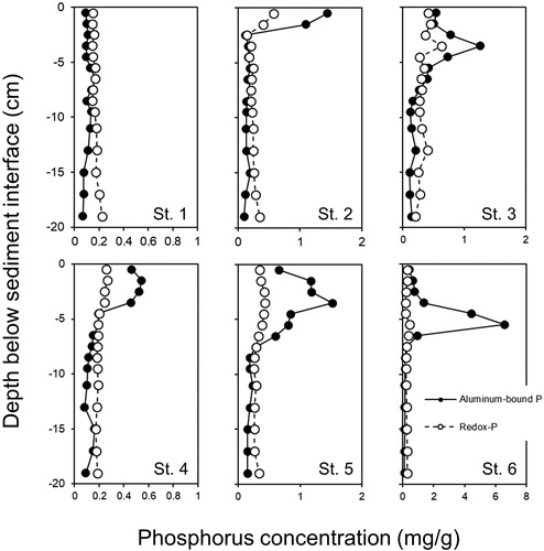 Figure 4. Vertical variations in redox-P (i.e., the sum of the loosely-bound P and iron-bound P fractions) and aluminum-bound P concentrations measured at various stations in 2016.