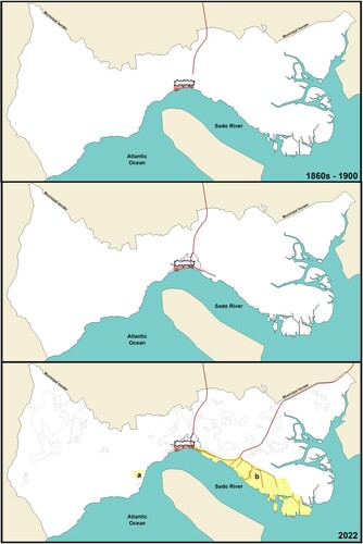 Figure 3. Draft of the port-rail infrastructure and urban growth of Setúbal in the current Municipal Territory. Red hatch: old port area (current fishing and recreational port area); yellow hatch: current industrial port area (a – Secil Terminal; b – other specialized port terminal facilities). Designed by the author.